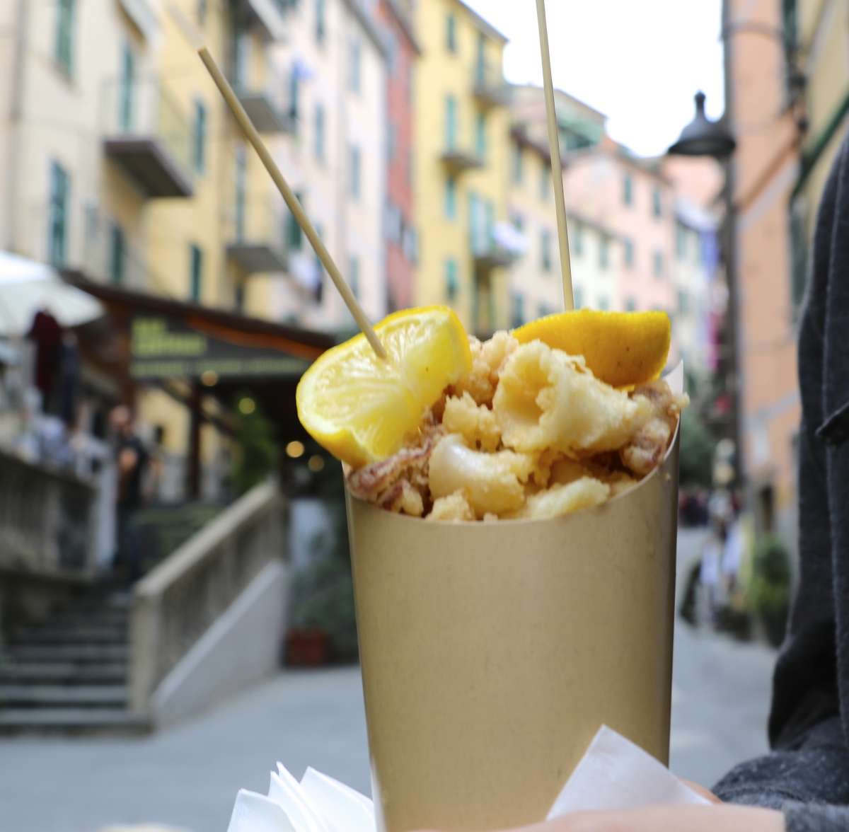 Sea Food Cone:  One street food item that is a real head turner is the fried seafood cones.  Piled high in a paper cone with a few long skewers, you get to sample whole local shrimp, calamari, baby squid and anchovies.  All it needs is a little squeeze of lemon and it’s ready to go!  